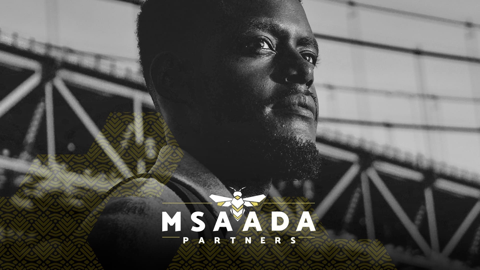 Duotone portrait with the Msaada Partners logo lockup