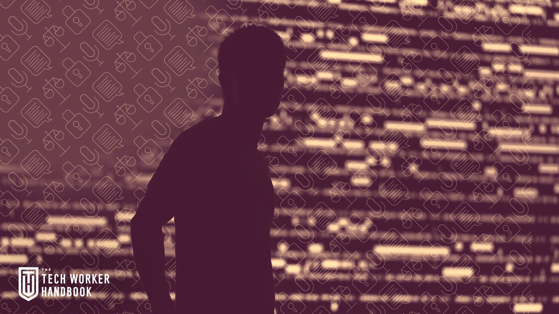 Silhouette in front of a wall of code for the Tech Worker Handbook
