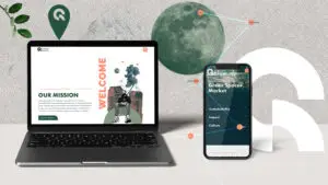 Green Spaces Market website shown on laptop and phone with brand shapes