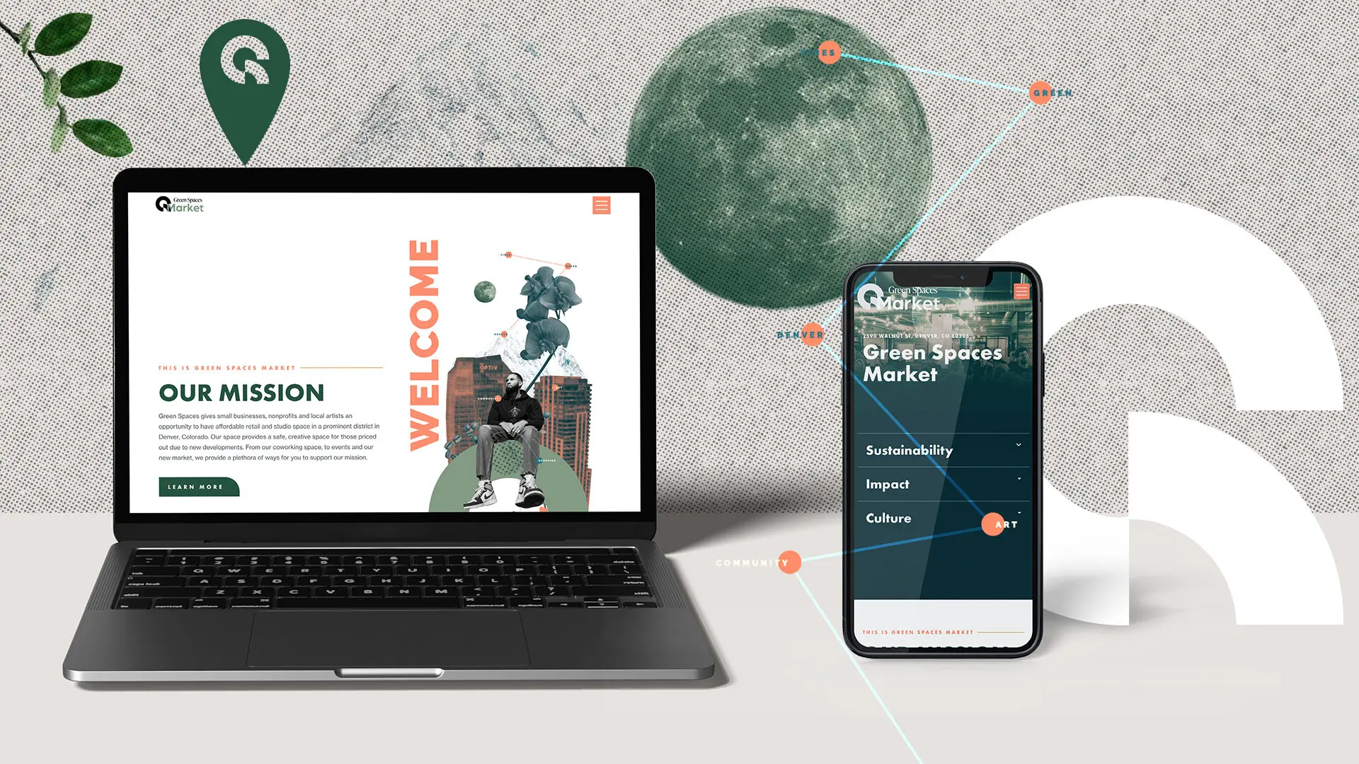 Green Spaces Market website shown on laptop and phone with brand shapes