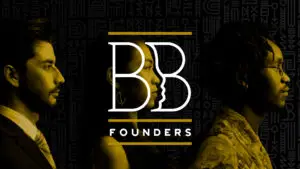 Black and Brown Founders BB monogram in gold and white over profile portraits