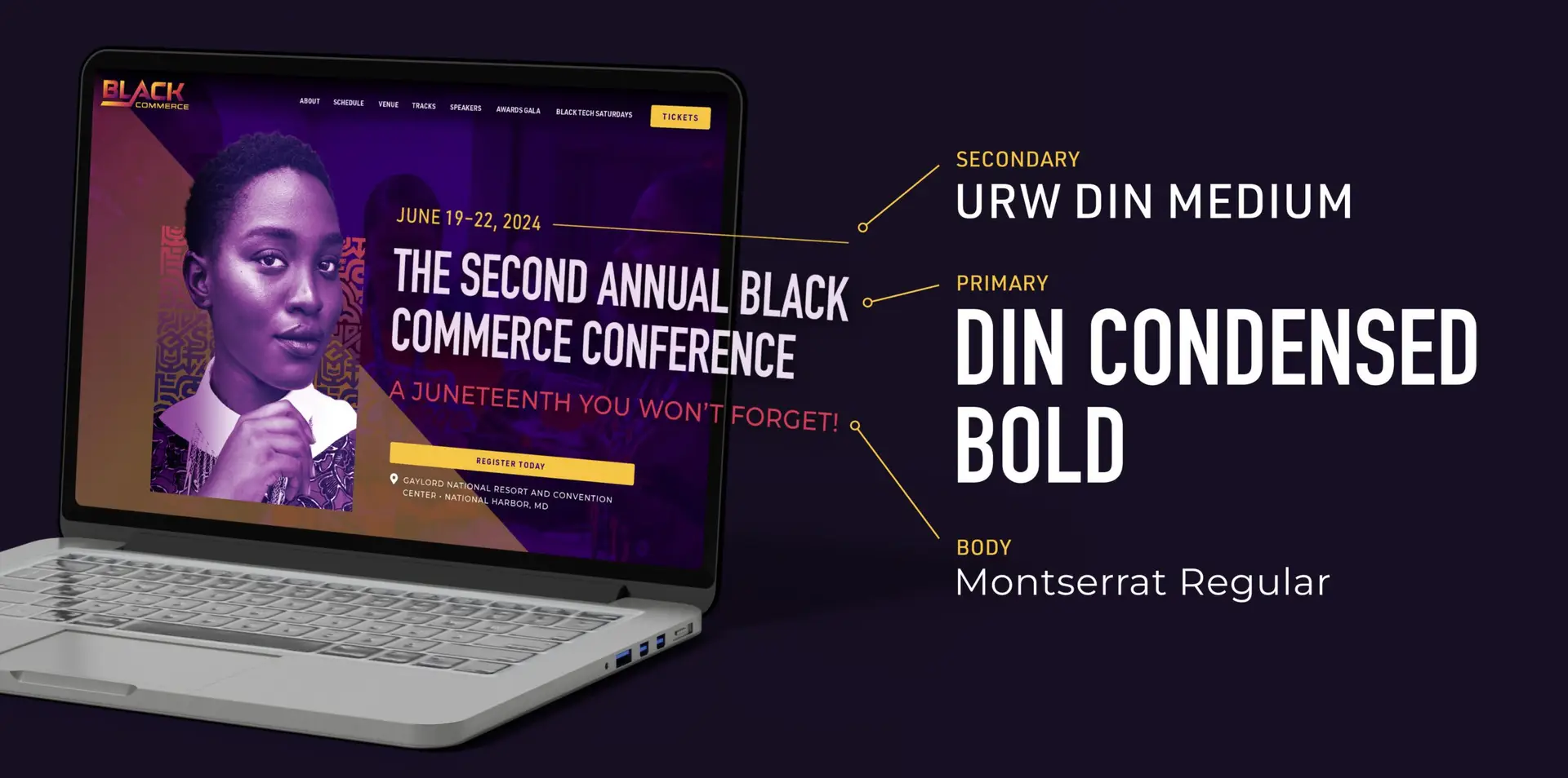 Black Commerce Conference typography system with DIN Condensed and URW DIN beside the website