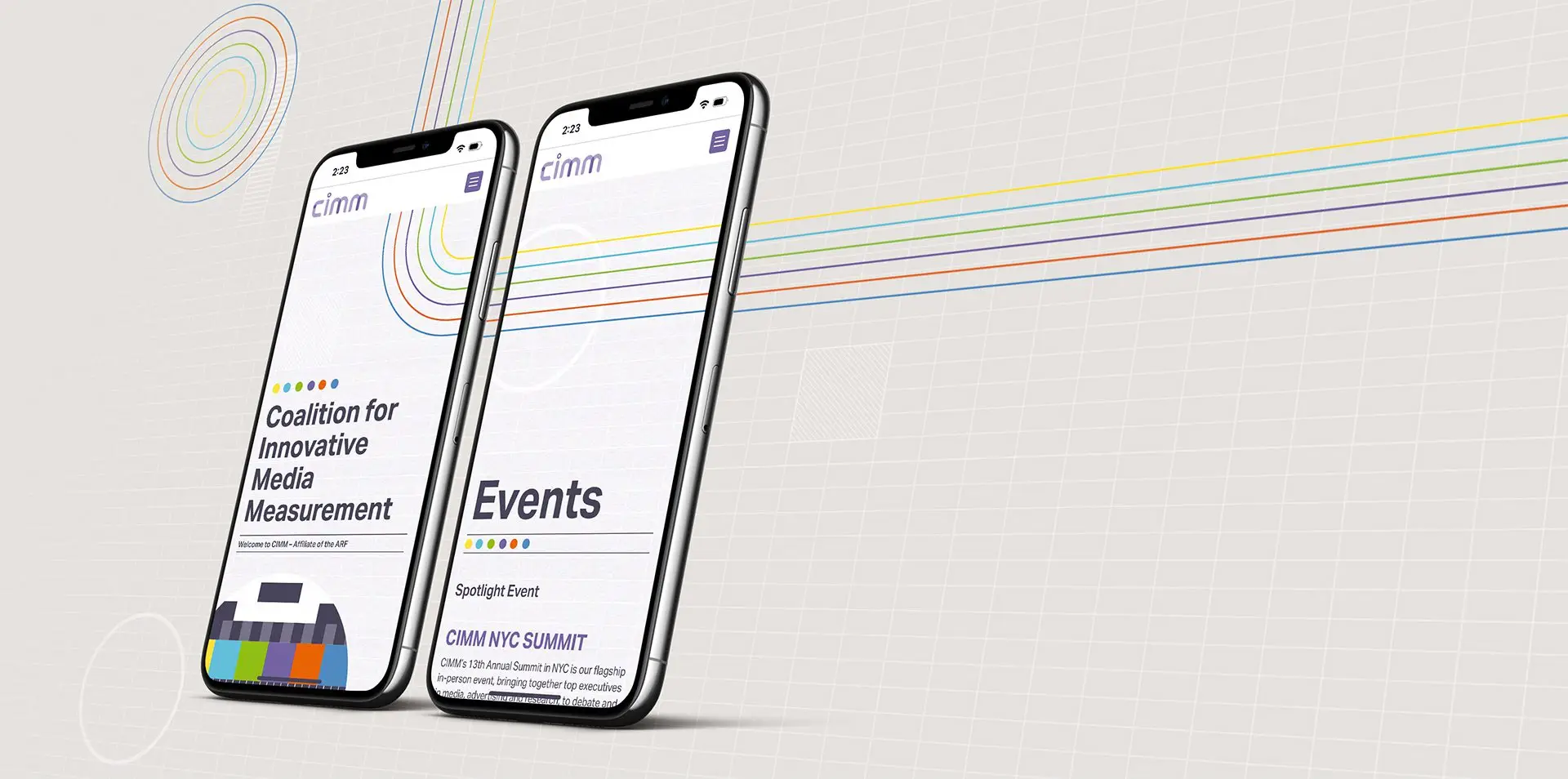 CIMM mobile website screens with the events page