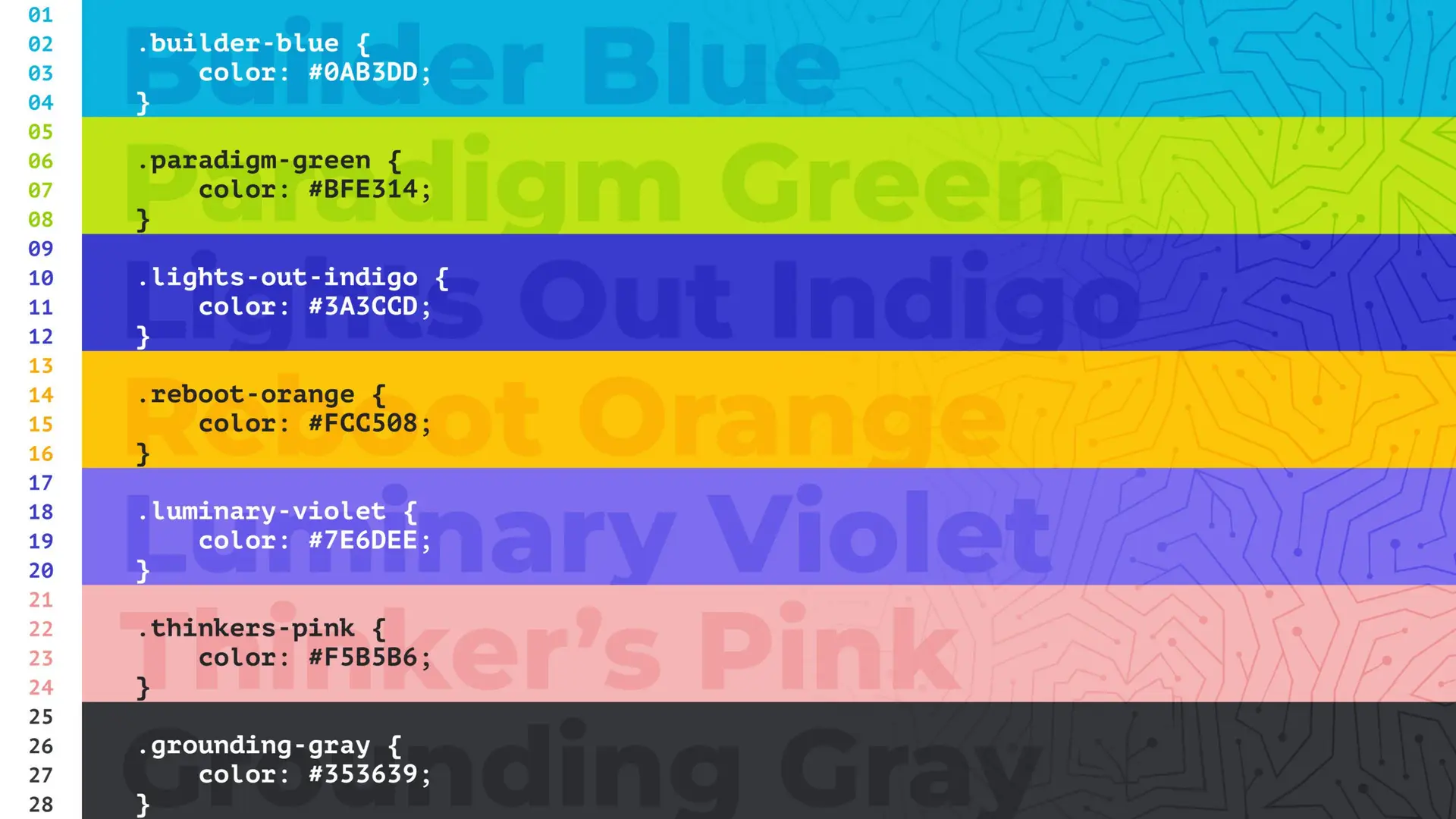 The Tech We Want color palette displayed as CSS variables