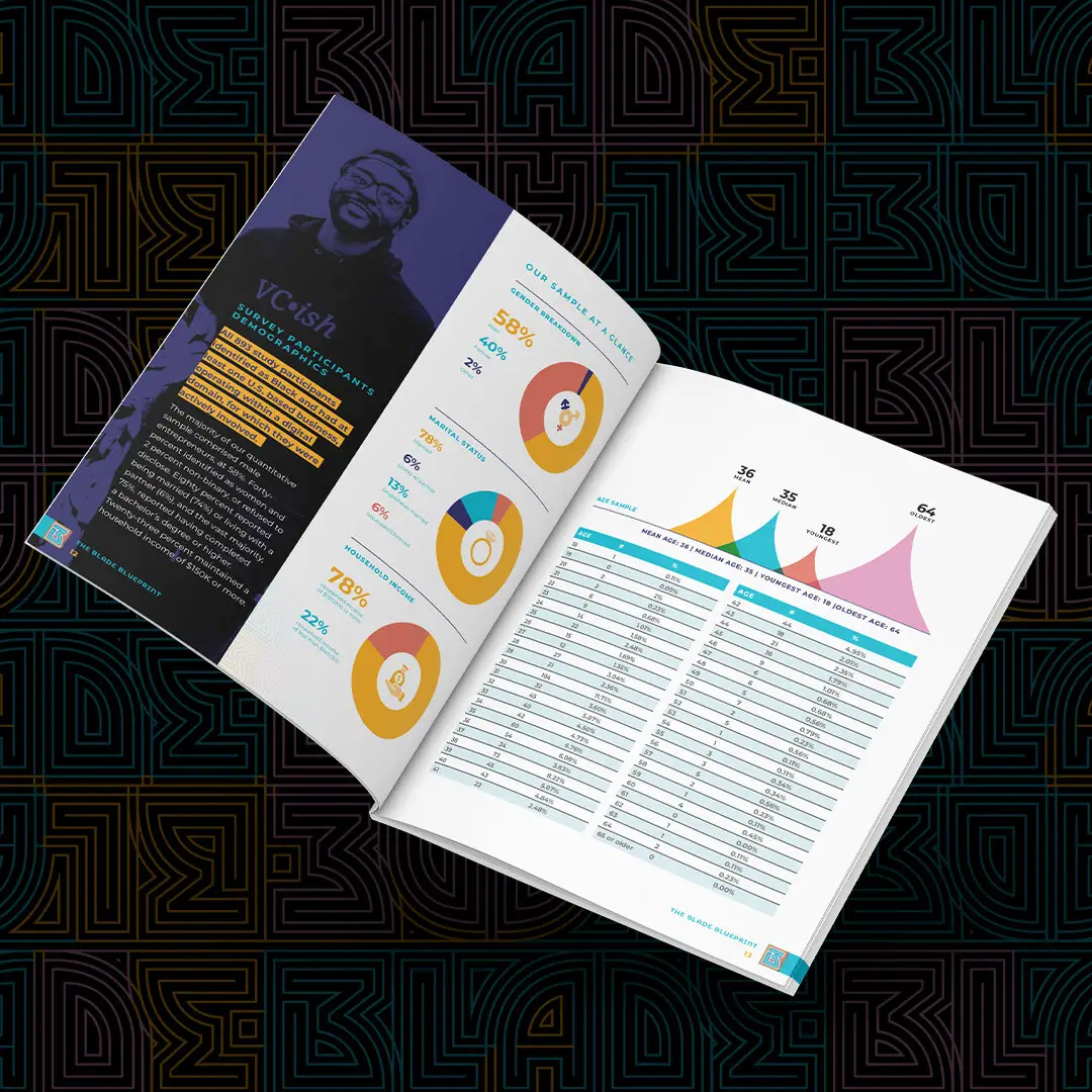 Open BLADE report spread with charts over the patterned BLADE wordmark