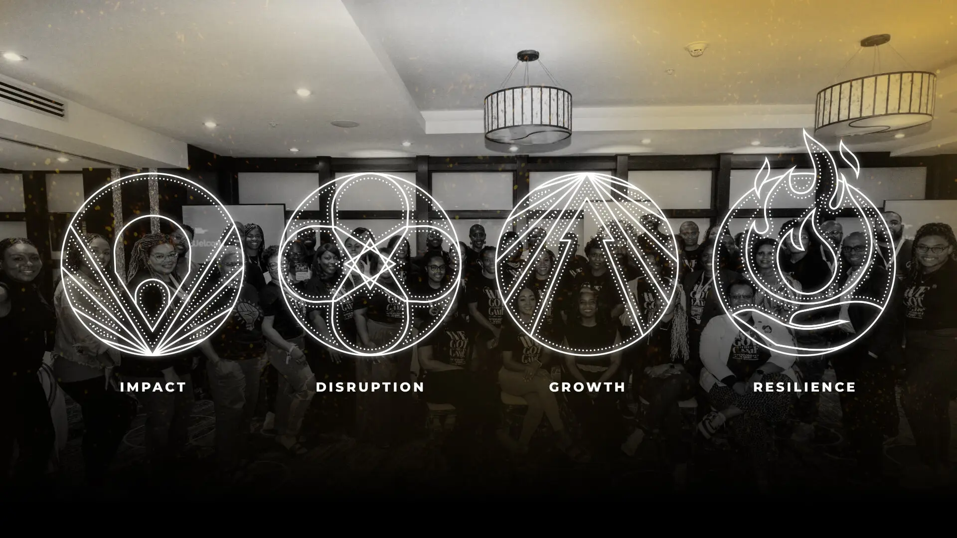 Line iconography for impact, disruption, growth, and resilience over event photography