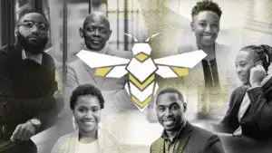 Msaada Partners team collage in black and white with the bee brand mark