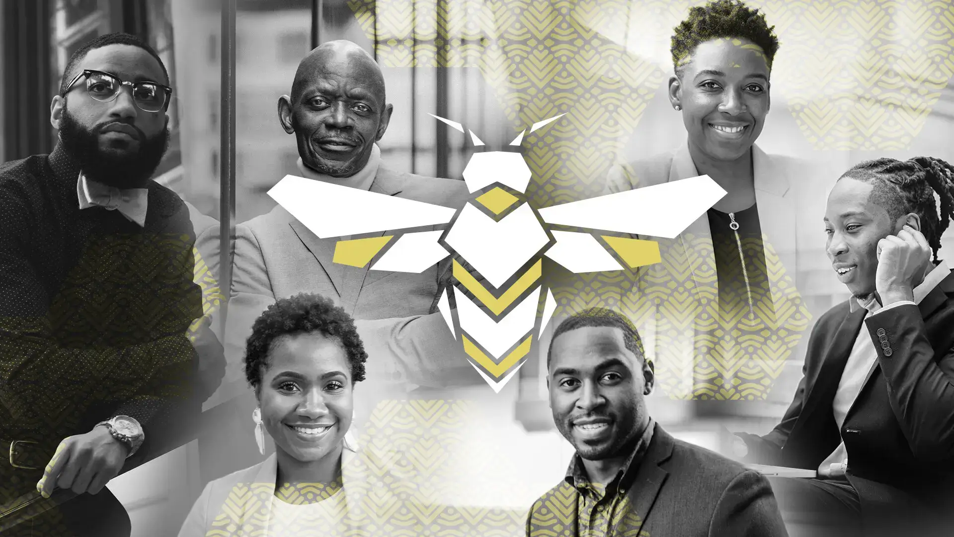 Msaada Partners team collage in black and white with the bee brand mark