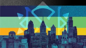 Project Northstar brand identity over an illustrated Philadelphia skyline in green, blue, and gold