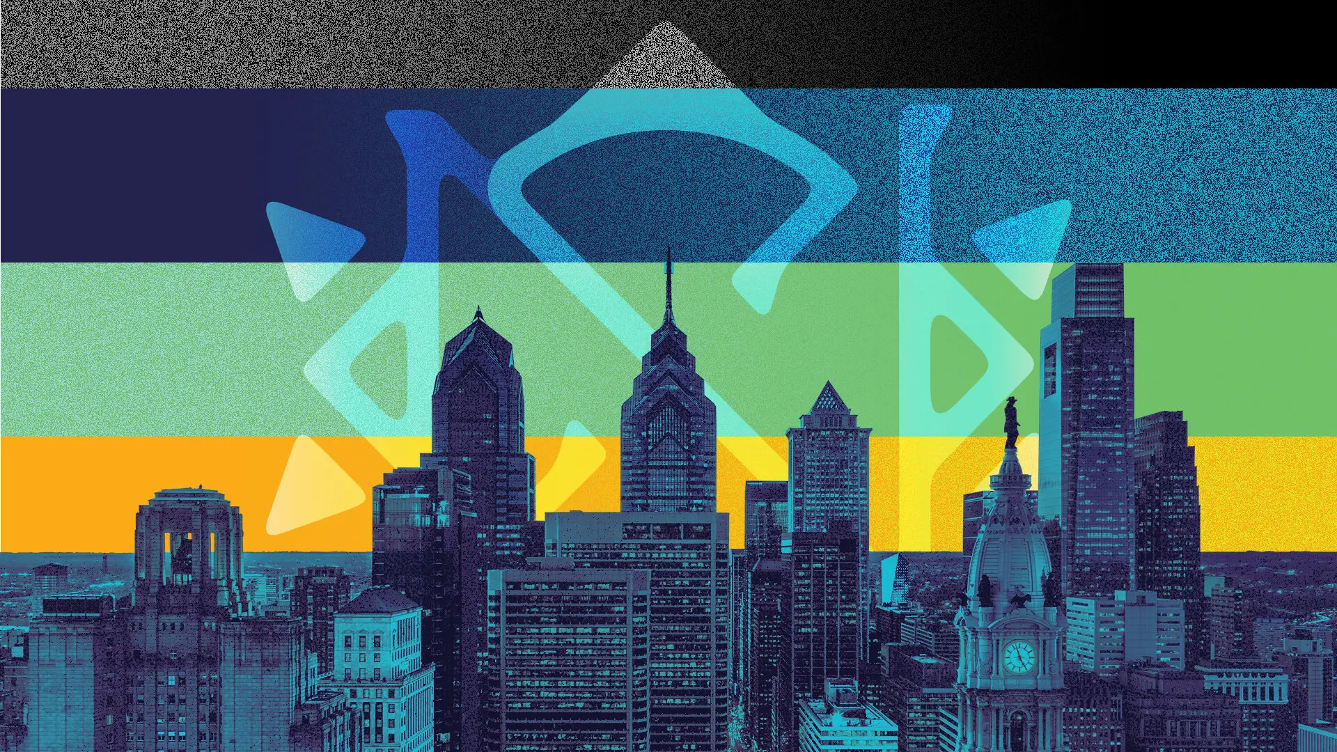 Project Northstar brand identity over an illustrated Philadelphia skyline in green, blue, and gold