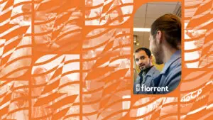 florrent brand pattern collage in orange with logo card and workplace photography