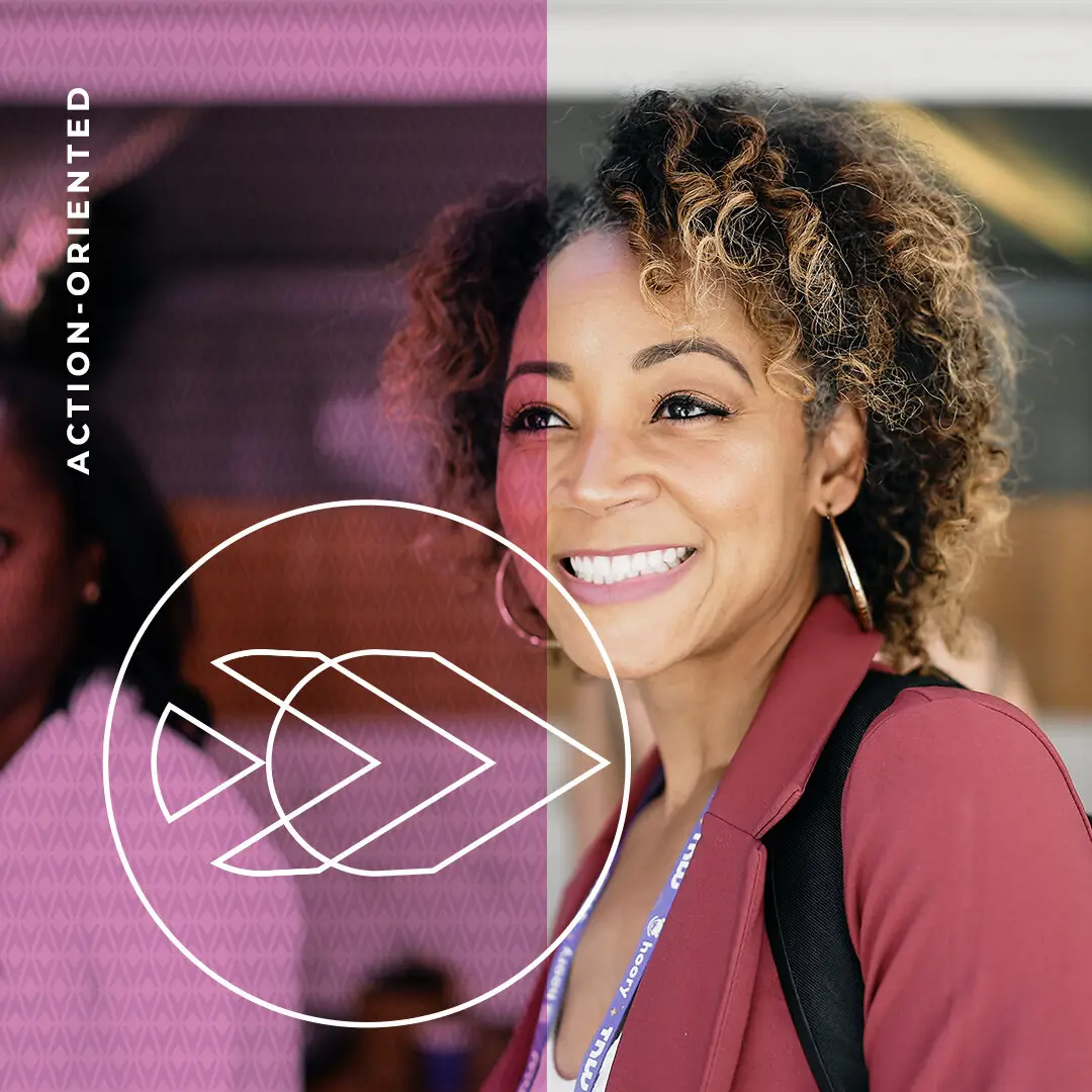 Action-Oriented value statement icon over a smiling attendee