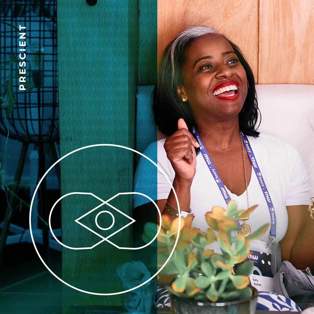 Prescient value statement icon beside a smiling woman at a community event