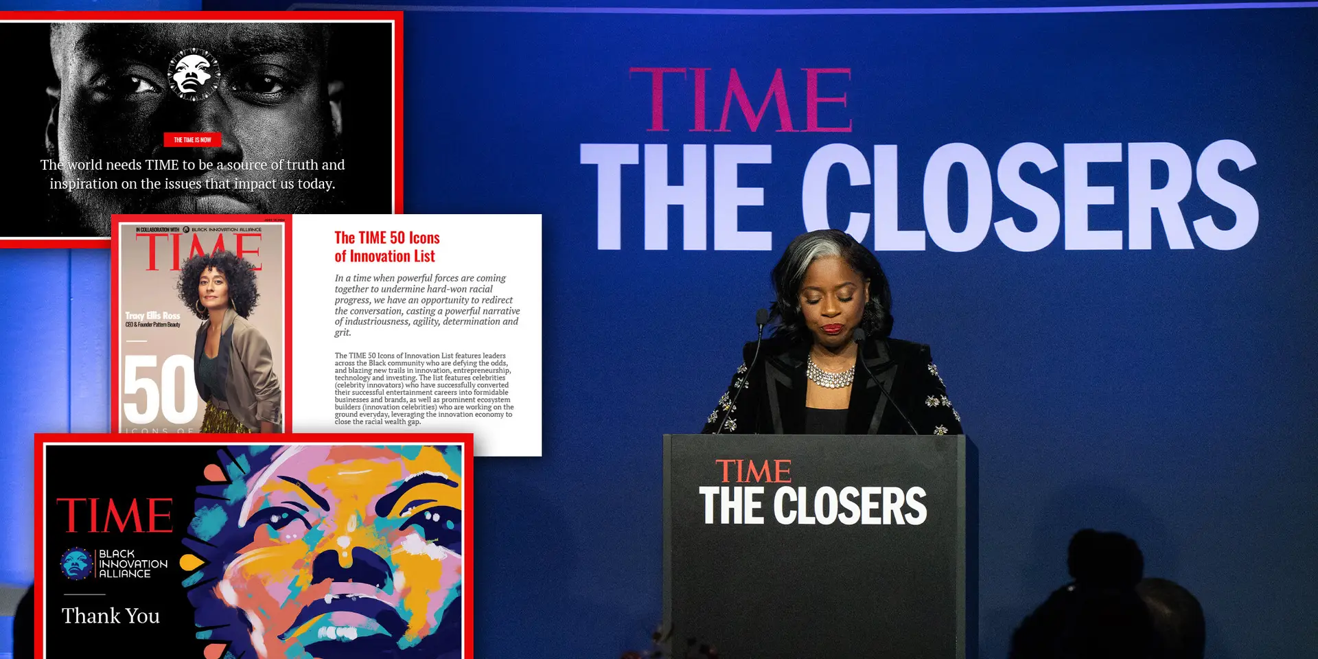 Speaker at the TIME The Closers podium alongside Black Innovation Alliance TIME covers