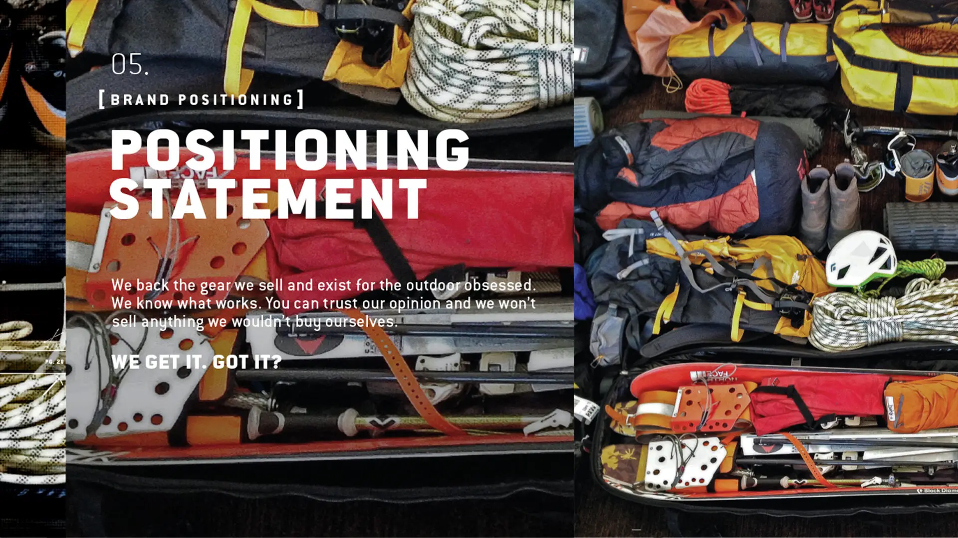 Backcountry positioning statement spread over packed climbing and ski gear