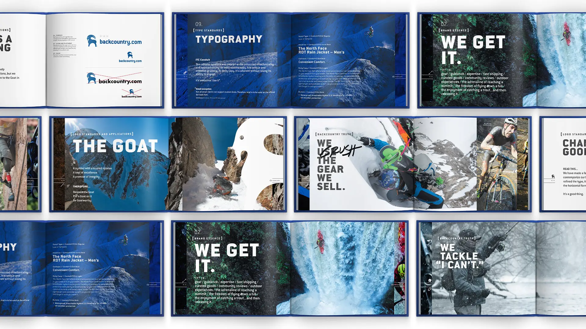 Backcountry brand book spreads covering typography, voice, and photography