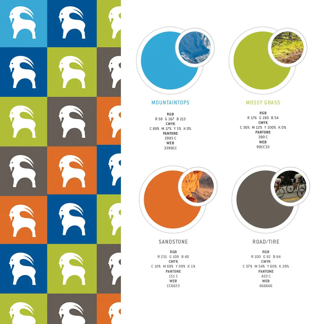 Backcountry brand book page with goat icon grid and color proportion charts