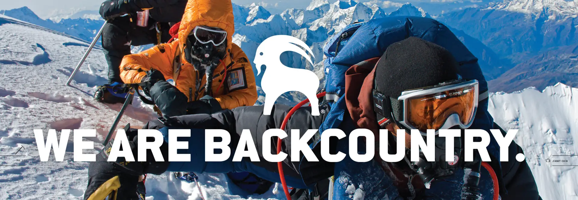We Are Backcountry spread from the Backcountry brand guidelines book over mountaineers on a snowy ridge