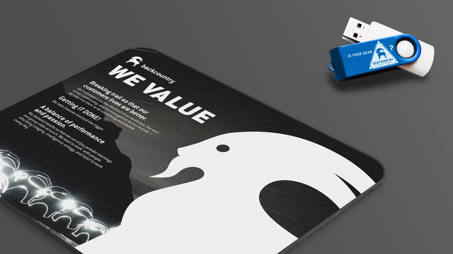 Backcountry We Value mousepad and branded USB drive mockups