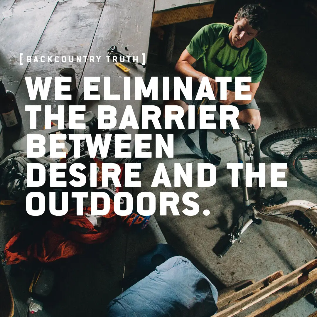 Backcountry brand strategy spread reading We Eliminate the Barrier Between Desire and the Outdoors