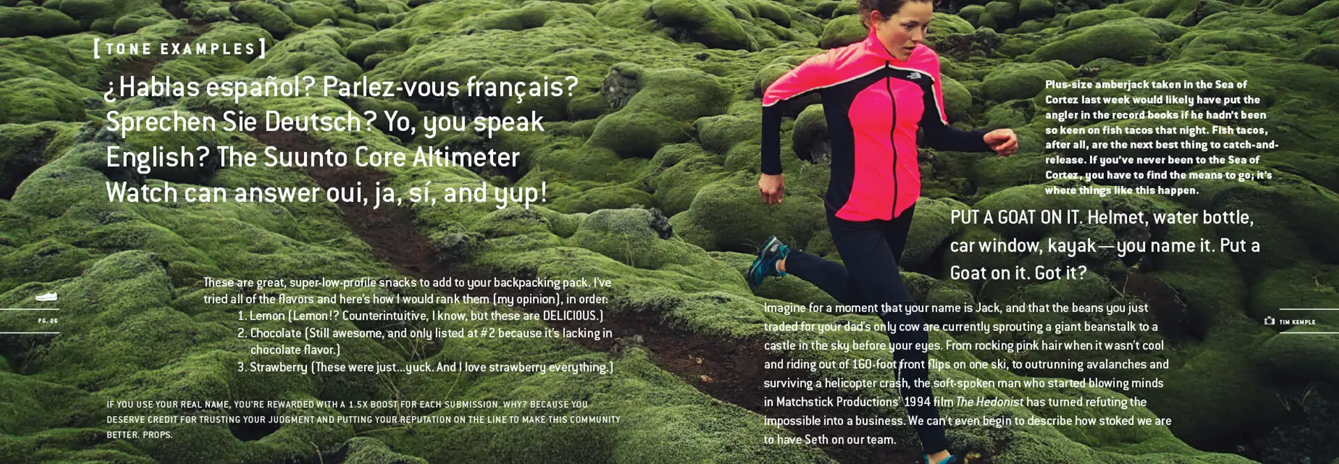 Backcountry brand strategy tone examples with a trail runner crossing mossy terrain