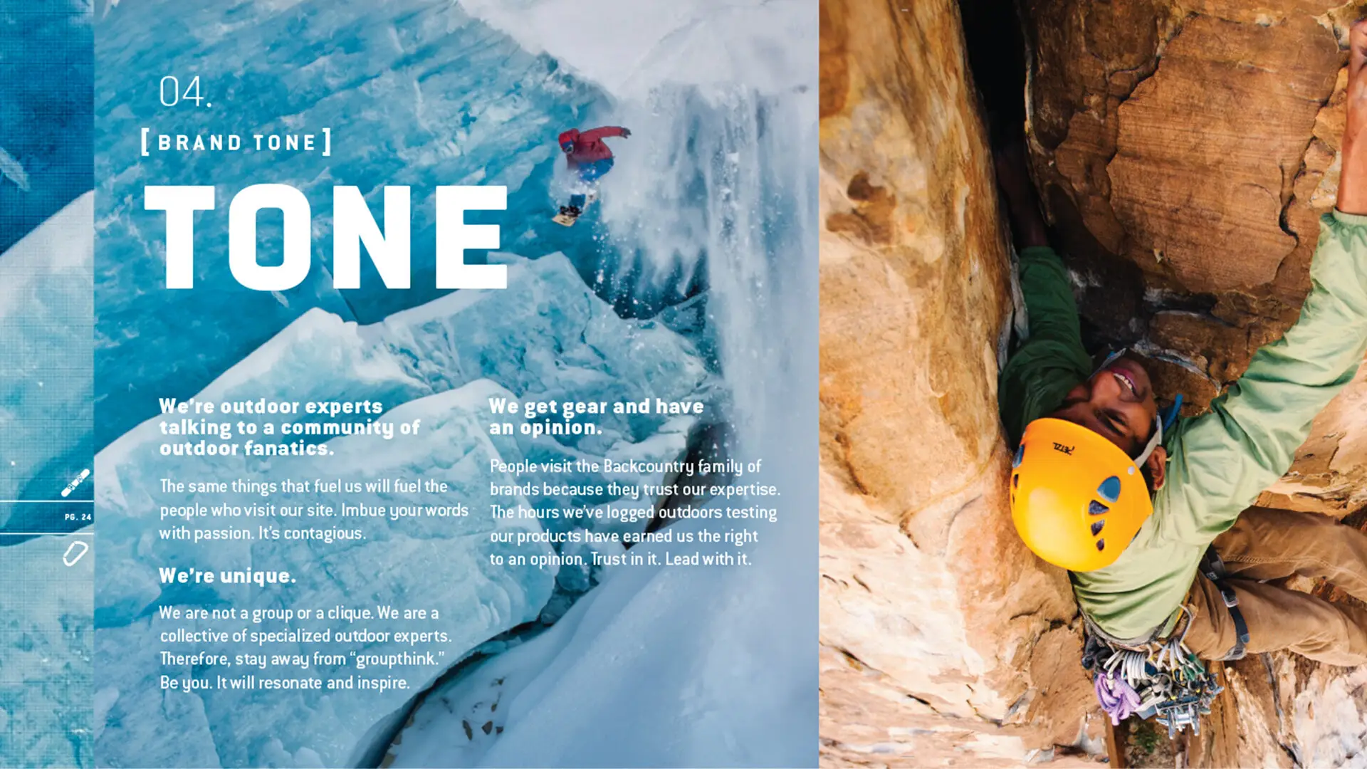 Backcountry brand strategy tone spread with ice climbing and crack climbing photography
