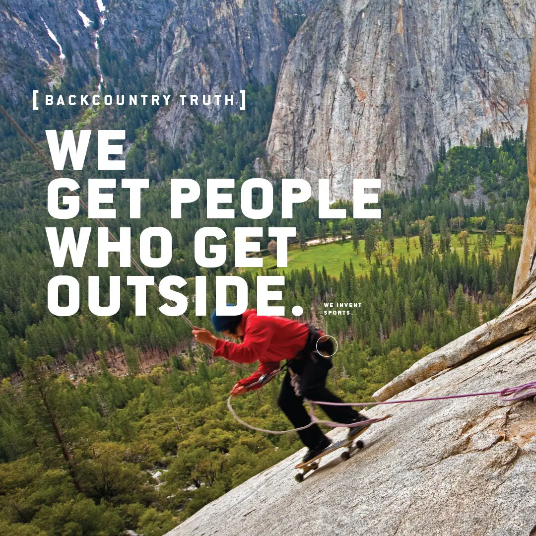 Backcountry brand strategy spread reading We Get People Who Get Outside with a cliff-side skateboarder
