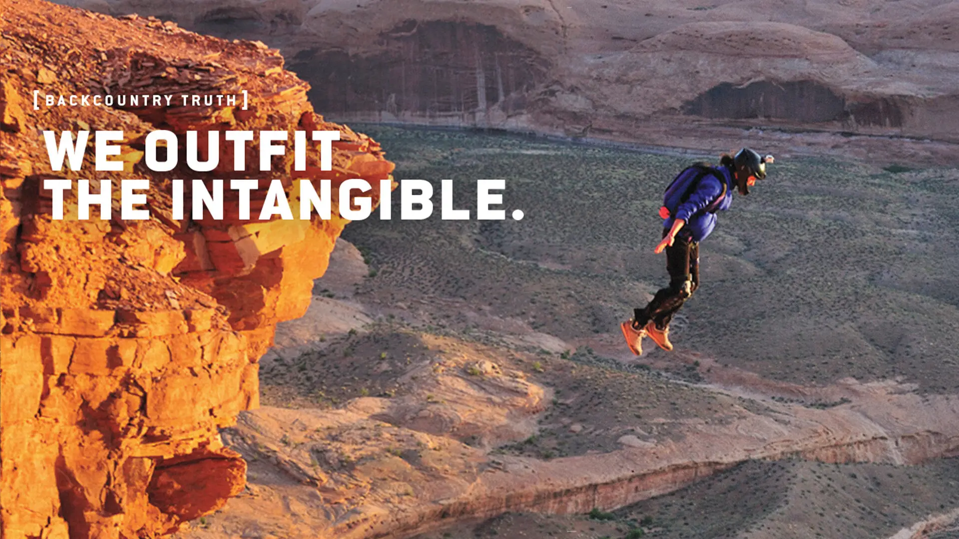 Backcountry brand strategy spread reading We Outfit the Intangible over a canyon hiker