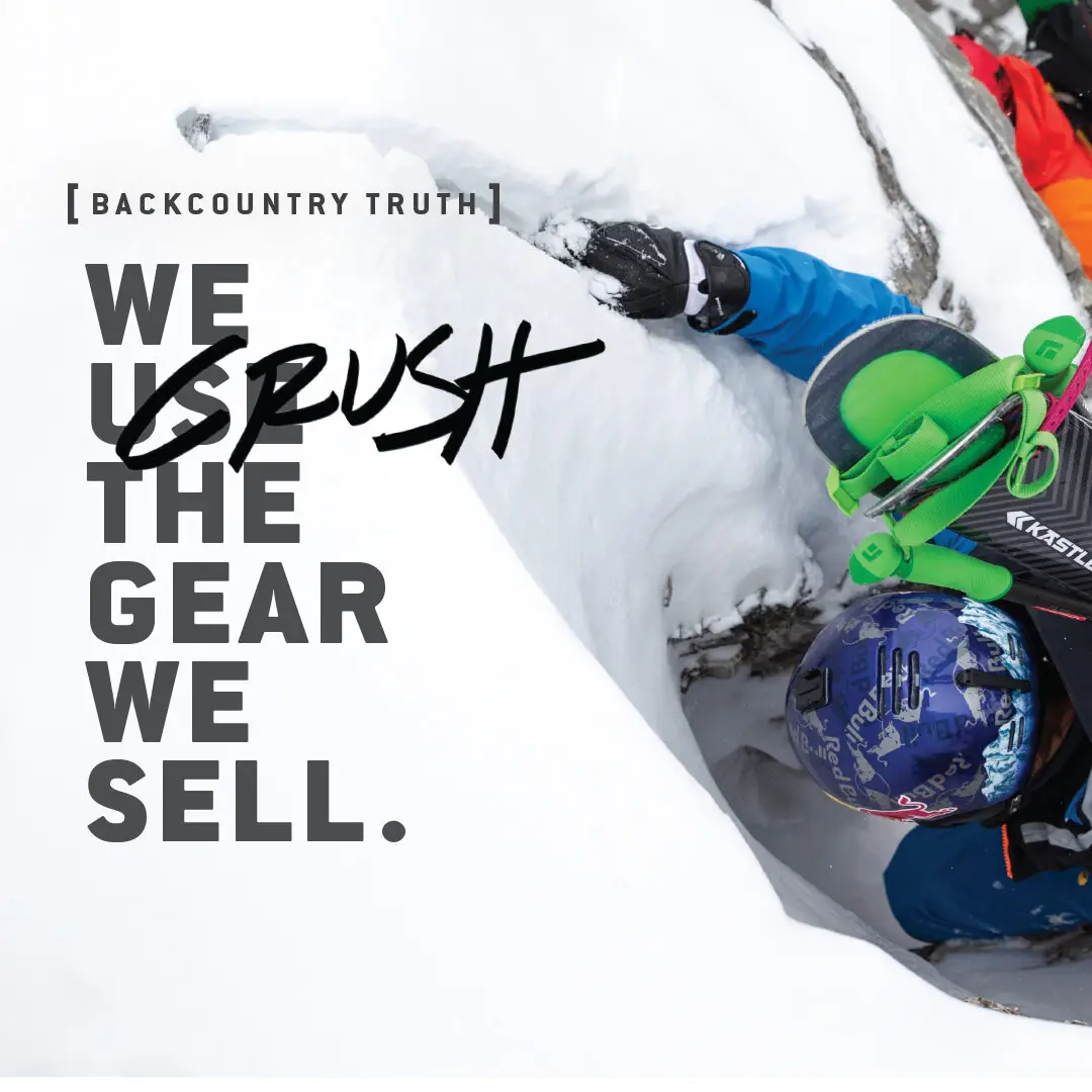 Backcountry Truth poster of a skier reading we use the gear we sell