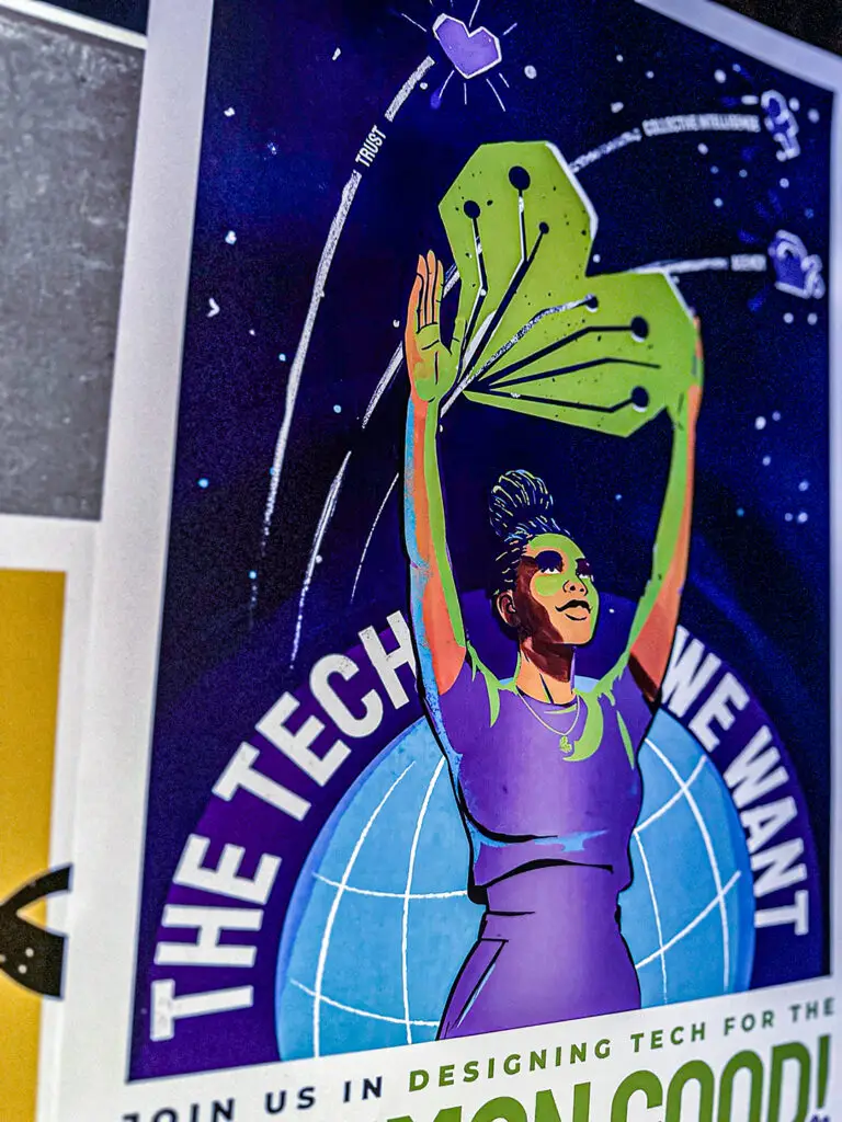 Close-up of an illustrated The Tech We Want campaign poster
